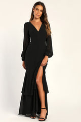 Tier Elegance Black Long Sleeve Tiered Maxi Dress