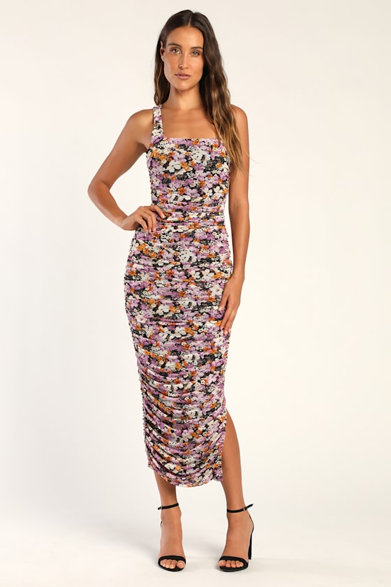 V.I.P. Treatment Black Floral Mesh Ruched Bodycon Midi Dress