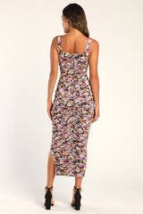 V.I.P. Treatment Black Floral Mesh Ruched Bodycon Midi Dress