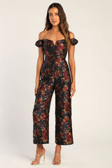 New Glam Midnight Blue Floral Jacquard Off-the-Shoulder Jumpsuit
