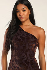 Marvelous Moi Dark Plum Burnout Velvet One-Shoulder Maxi Dress