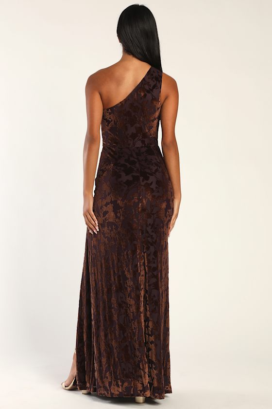 Marvelous Moi Dark Plum Burnout Velvet One-Shoulder Maxi Dress
