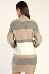 Casually Comfy Taupe Multi Striped Mock Neck Sweater Dress