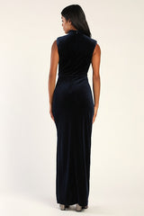 Alluring Image Navy Blue Ruched Velvet Mock Neck Maxi Dress