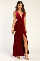 Beautiful Evenings Wine Red Velvet Twist-Front Maxi Dress