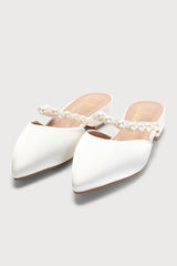 Hershie White Satin Pearl Pointed-Toe Mule Slides