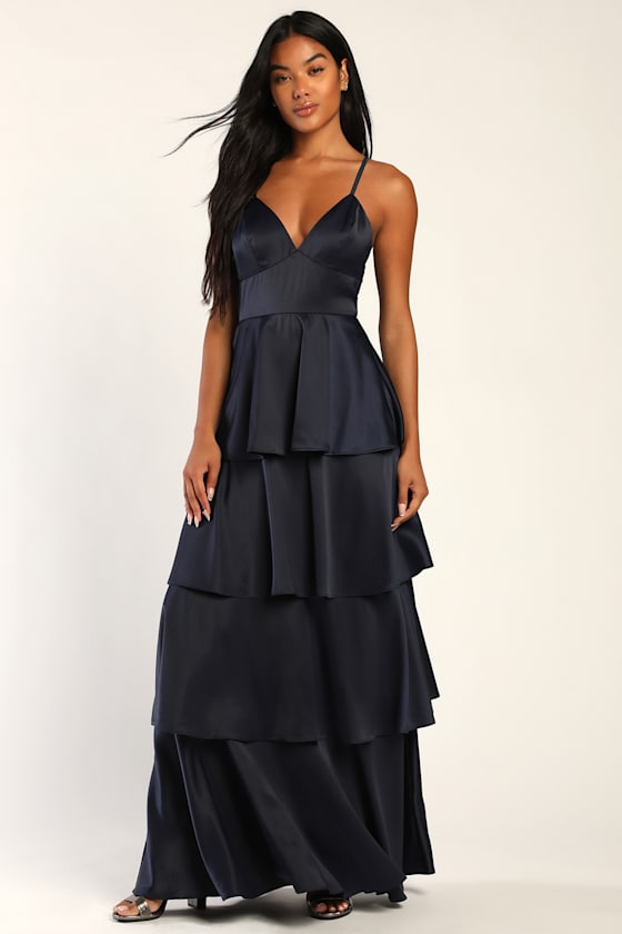 Going with Elegance Navy Blue Satin Tiered Gown