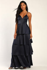 Going with Elegance Navy Blue Satin Tiered Gown