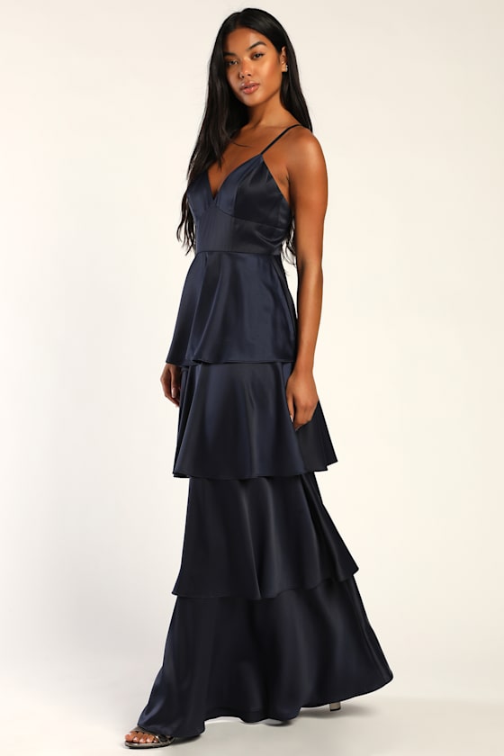 Going with Elegance Navy Blue Satin Tiered Gown