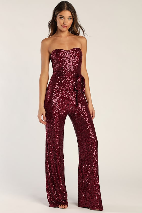 Flirty Moves Wine Red Sequin Strapless Wide-Leg Jumpsuit