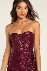 Flirty Moves Wine Red Sequin Strapless Wide-Leg Jumpsuit