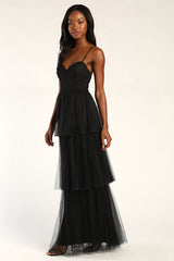 Tulle-y Amazing Black Tulle Sleeveless Bustier Maxi Dress