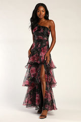 Regal Florals Black Floral Print Organza Tiered Maxi Dress