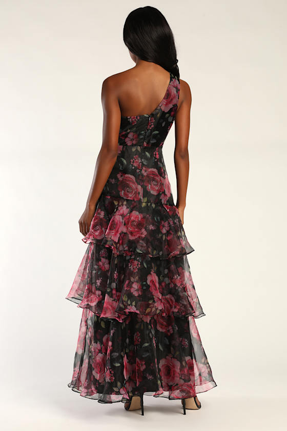 Regal Florals Black Floral Print Organza Tiered Maxi Dress