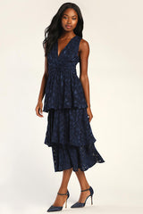 Make It Mesmerizing Navy Blue Jacquard Tiered Midi Dress
