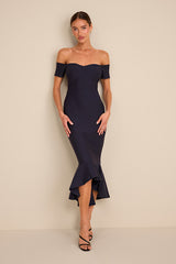 How Much I Care Midnight Blue Off-the-Shoulder Midi Dress
