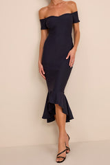 How Much I Care Midnight Blue Off-the-Shoulder Midi Dress