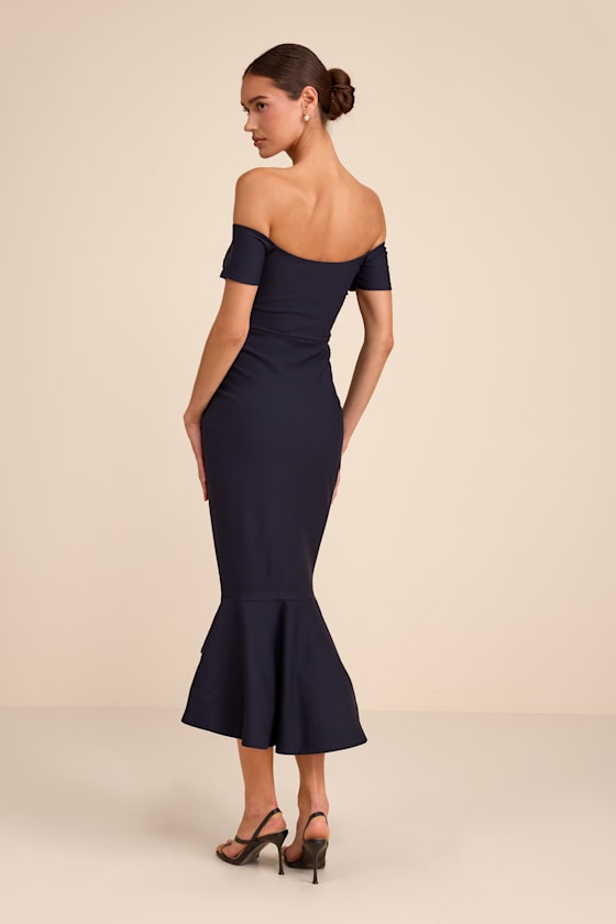 How Much I Care Midnight Blue Off-the-Shoulder Midi Dress