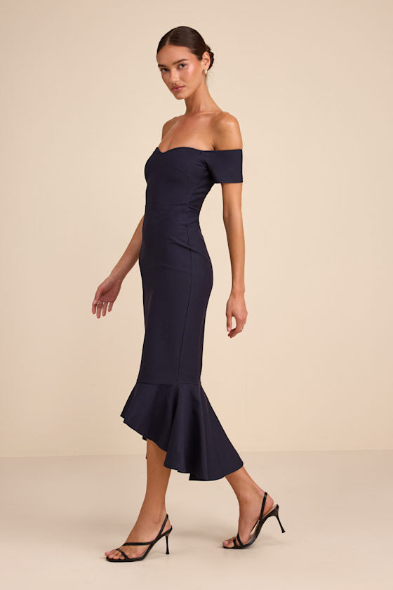 How Much I Care Midnight Blue Off-the-Shoulder Midi Dress