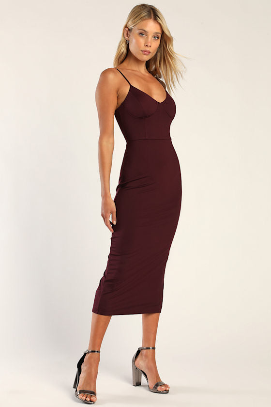Sophisticated Soiree Plum Purple Bustier Midi Bodycon Dress