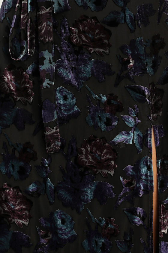 Pretty Companion Black Floral Velvet Burnout Maxi Dress