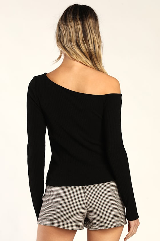 Popular Babe Black Ribbed Knit Asymmetrical Long Sleeve Top