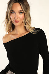 Popular Babe Black Ribbed Knit Asymmetrical Long Sleeve Top
