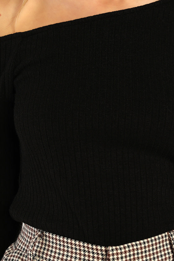 Popular Babe Black Ribbed Knit Asymmetrical Long Sleeve Top