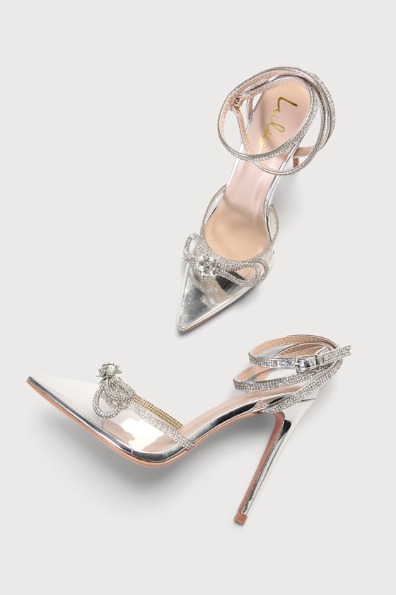 Lullie Silver Vinyl Rhinestone Ankle Strap Pointed-Toe Pumps