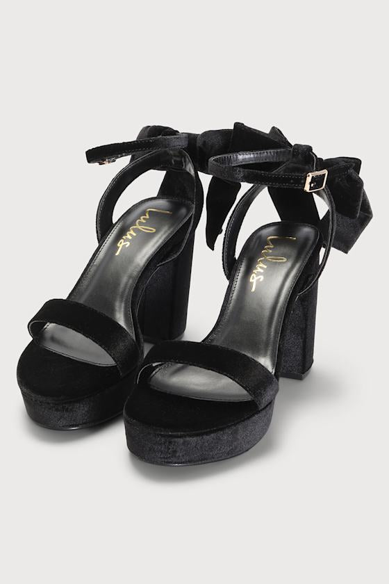 Sassyy Black Velvet Bow Platform Ankle Strap Sandals
