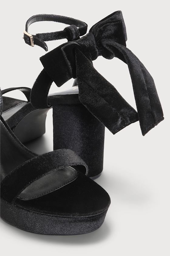 Sassyy Black Velvet Bow Platform Ankle Strap Sandals