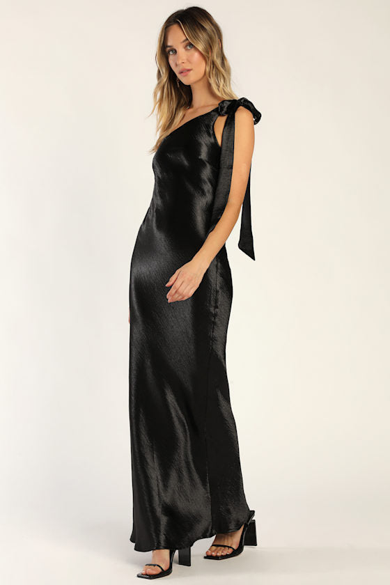 Lavish Looks Black Satin One-Shoulder Tie-Strap Maxi Dress