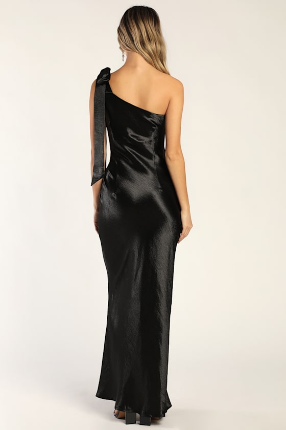 Lavish Looks Black Satin One-Shoulder Tie-Strap Maxi Dress