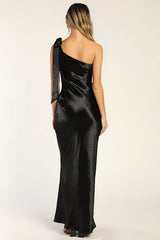 Lavish Looks Black Satin One-Shoulder Tie-Strap Maxi Dress