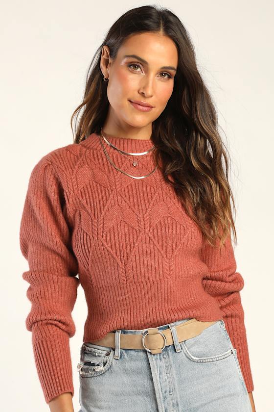 Snow Day Romance Terracotta Cable Knit Cropped Sweater