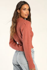 Snow Day Romance Terracotta Cable Knit Cropped Sweater