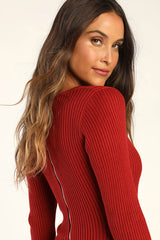 Everyday Beauty Rust Red Long Sleeve Ribbed Knit Sweater Dress