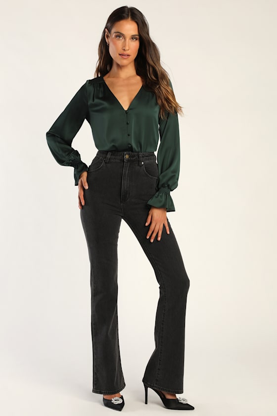 Essential Chic Dark Green Satin Long Sleeve Button-Up Top