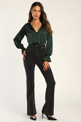 Essential Chic Dark Green Satin Long Sleeve Button-Up Top