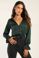 Essential Chic Dark Green Satin Long Sleeve Button-Up Top