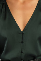 Essential Chic Dark Green Satin Long Sleeve Button-Up Top