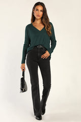 Just Vibing Hunter Green Ribbed V-Neck Sweater Top