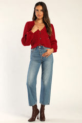 Cozy Touch Wine Red Eyelash Knit Button-Up Cardigan Sweater