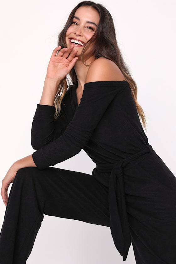 Real Relaxation Black Off-the-Shoulder Lounge Jumpsuit