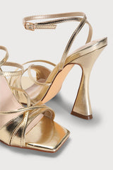 Yanta Gold Metallic Strappy Square-Toe High Heel Sandals