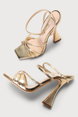 Yanta Gold Metallic Strappy Square-Toe High Heel Sandals