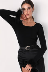 Material Girl Black Ribbed Feather Cuff Sweater Top