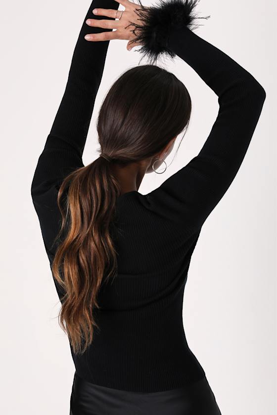 Material Girl Black Ribbed Feather Cuff Sweater Top