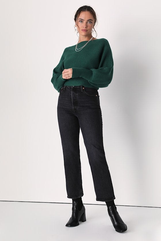 Classically Cozy Dark Green Ribbed Dolman Sleeve Cropped Sweater