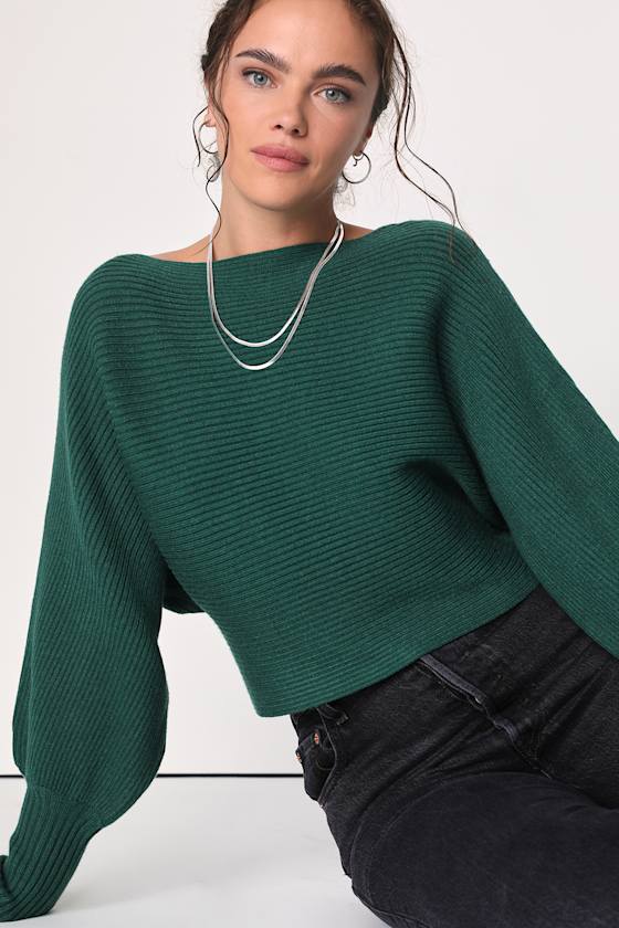 Classically Cozy Dark Green Ribbed Dolman Sleeve Cropped Sweater